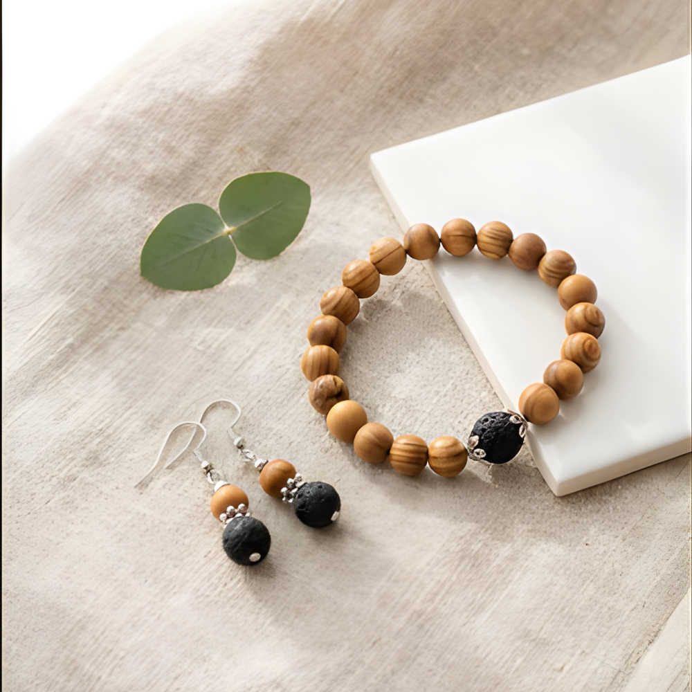 XX12 | Ensemble en pierre de lave et perles en bois