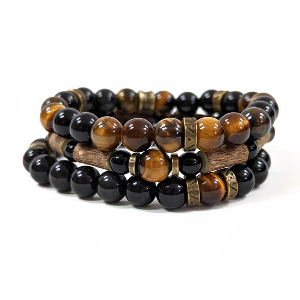 NEW - Bracelet raffiné de pierres œil de tigre violet & onyx noir 100% naturelles - Gamme luxe main image 0