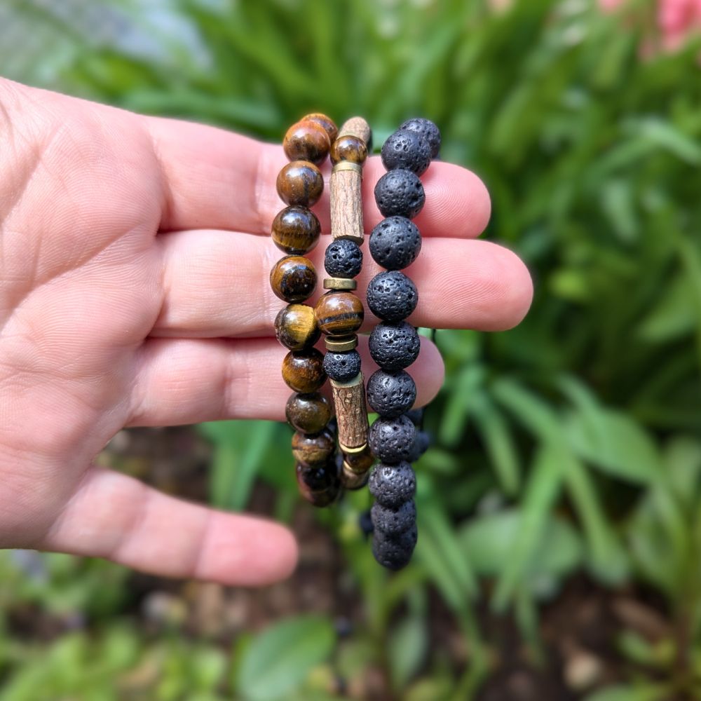 X36 | Trio de bracelets diffuseurs en oeil de tigre et pierre de lave