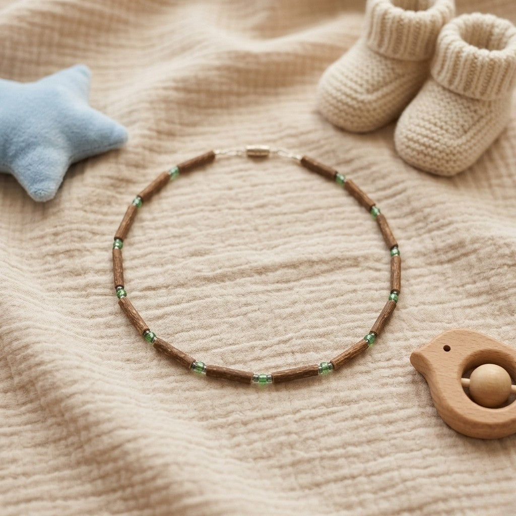 B99 | Hazel Wood, Light Green & Shiny Grey Baby & Toddler Necklace (0-4 Years)