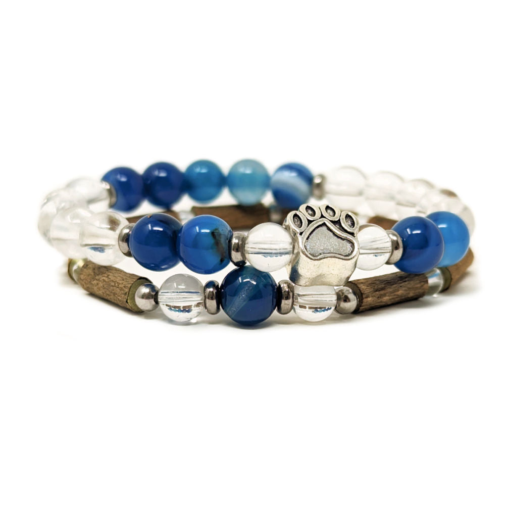 *LAST CHANCE* X29 | Blue Agate, Crystal Quartz & Silver Paw Bracelets