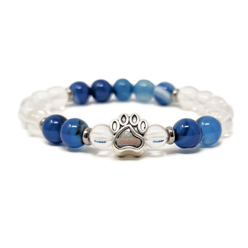 *LAST CHANCE* X29 | Blue Agate, Crystal Quartz & Silver Paw Bracelets