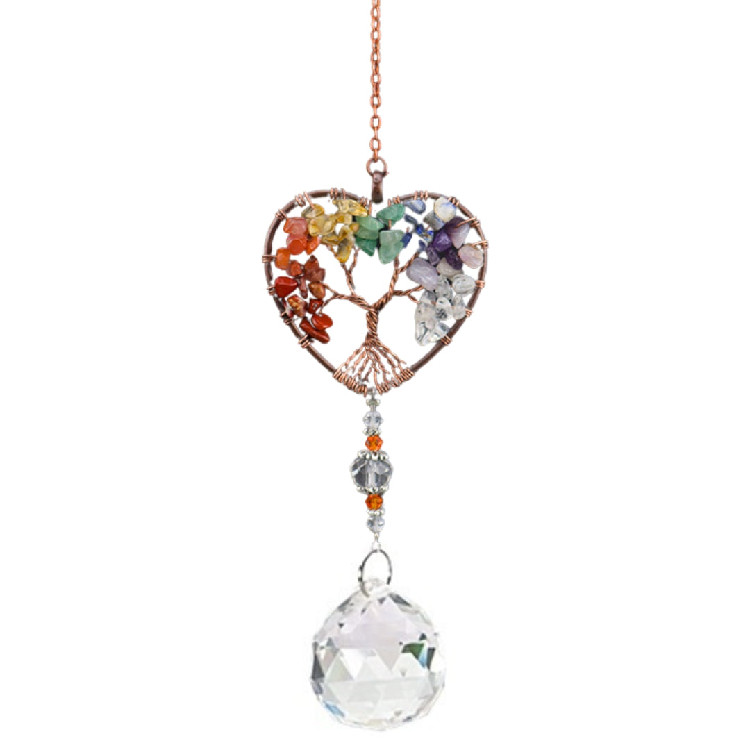 AS11 | Capteur de soleil cœur cuivre avec pendentif cristal et arbre de vie chakras