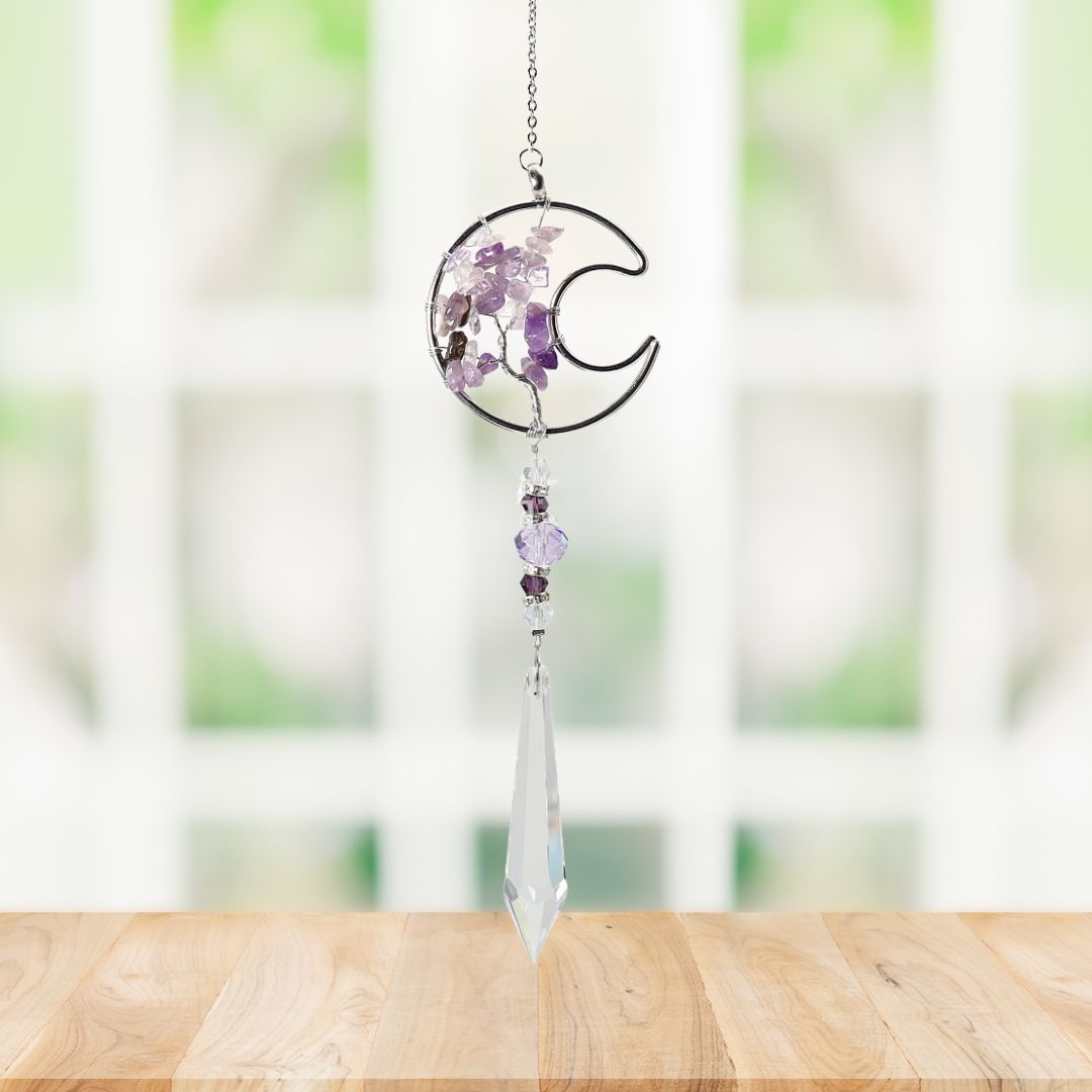 XX12 | Silver Quartz Crystal Moon & Tree Of Life Suncatcher