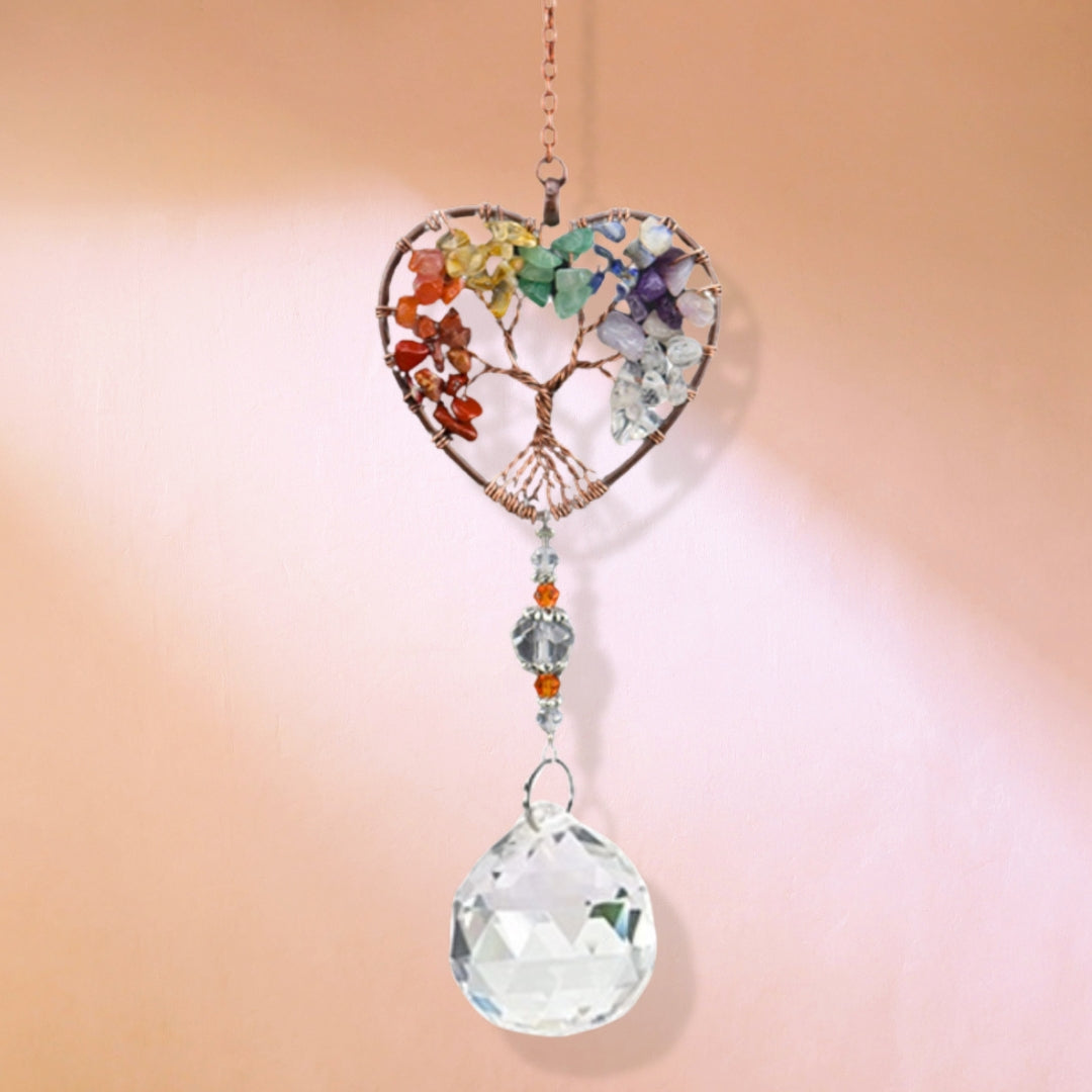 AS11 | Capteur de soleil cœur cuivre avec pendentif cristal et arbre de vie chakras