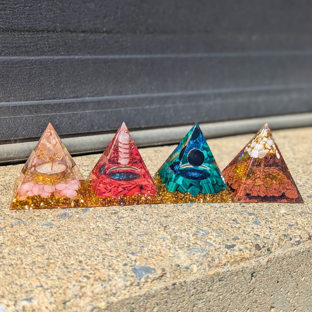 P14-1| Red Coral & Quartz Orgonite Pyramid