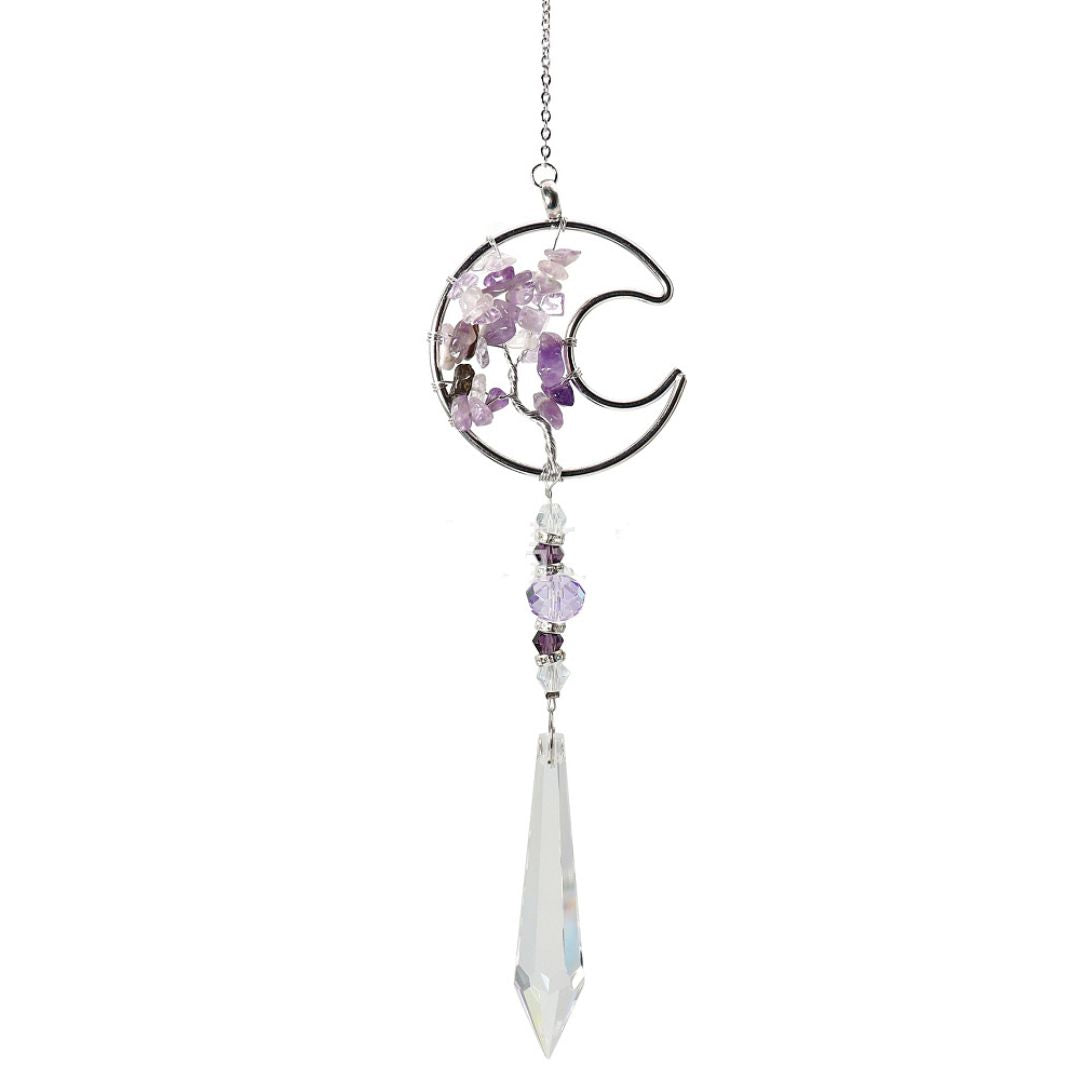 XX12 | Silver Quartz Crystal Moon & Tree Of Life Suncatcher