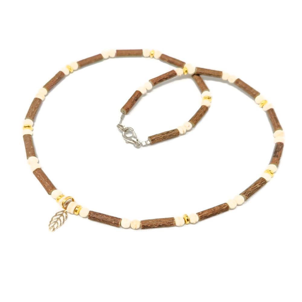 A01-F | Hazel Wood, Beige & Golden Leaf Adult Necklace