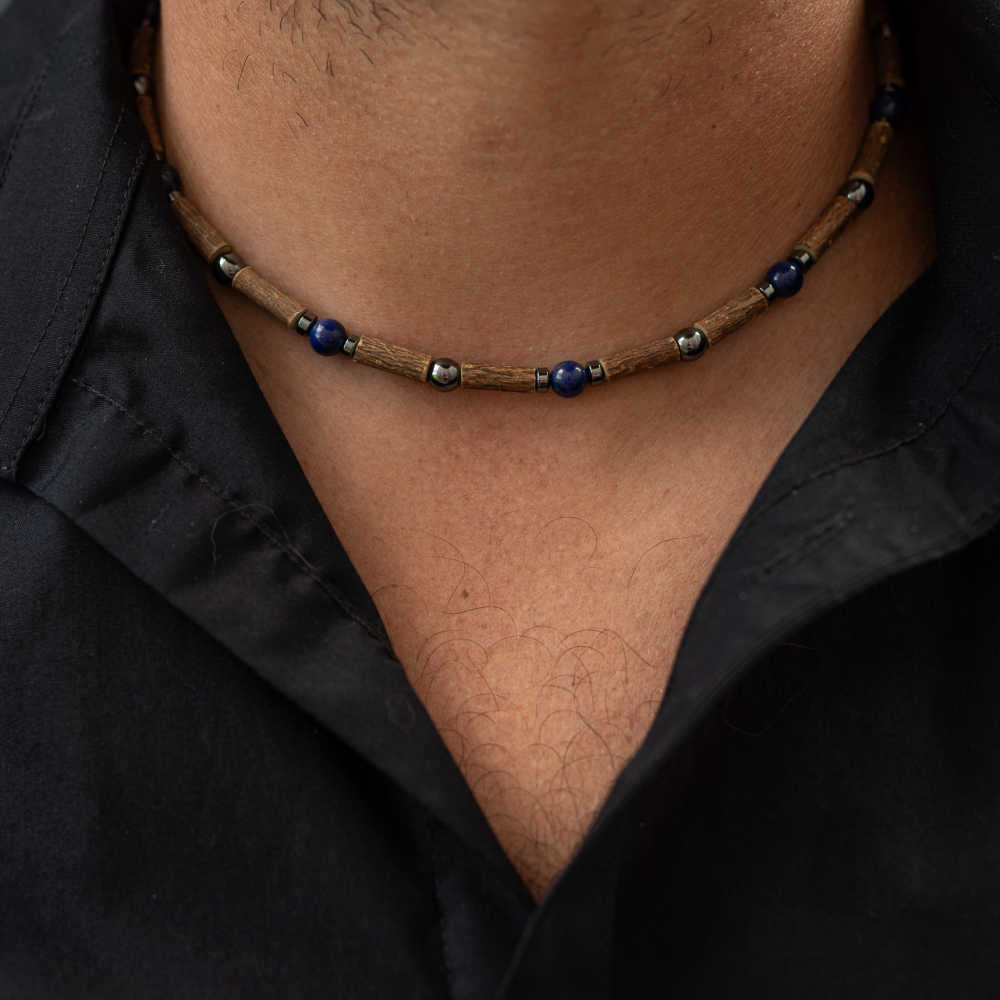 A18 | Hazel Wood, Lapis Lazuli & Hematite Adult Necklace