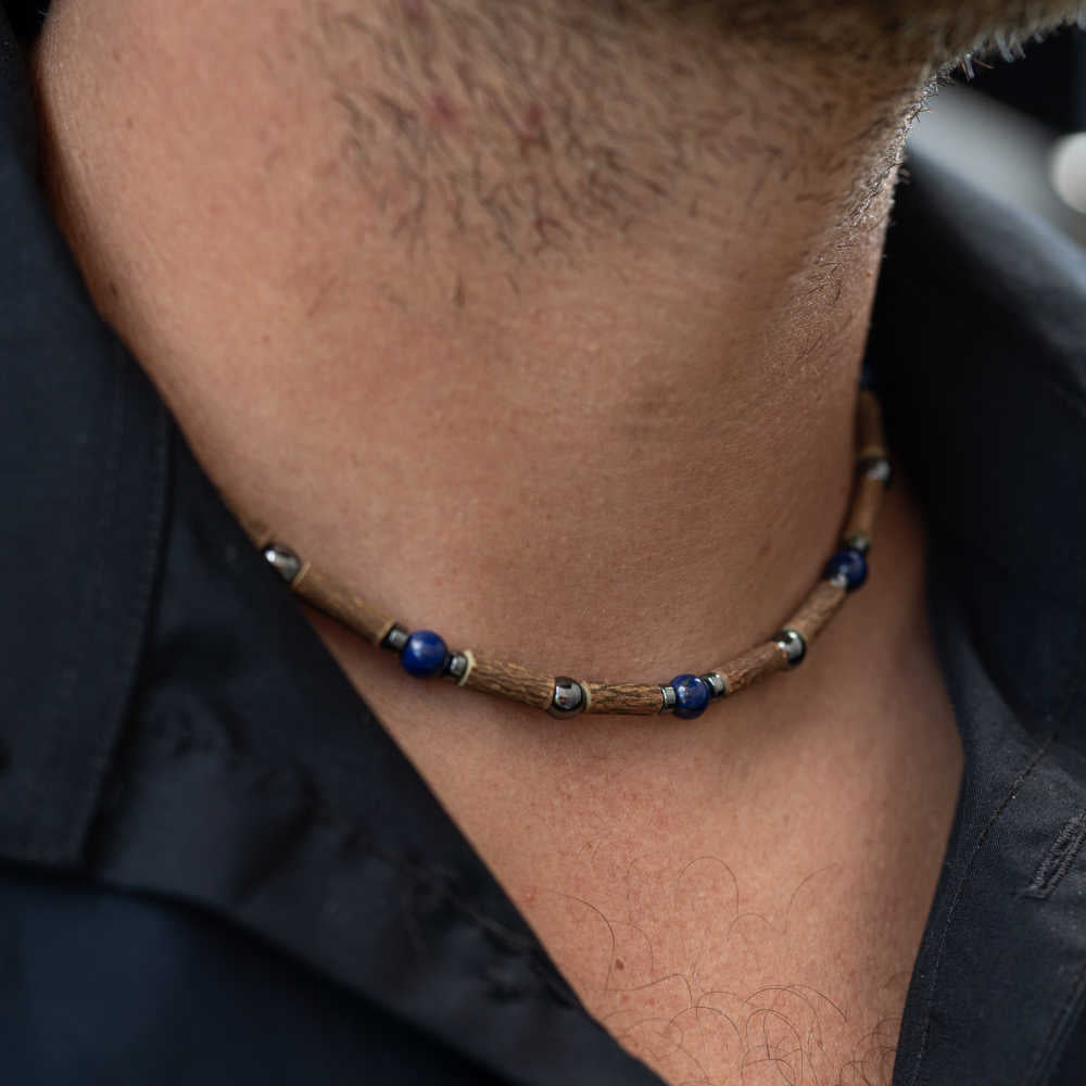 A18 | Hazel Wood, Lapis Lazuli & Hematite Adult Necklace