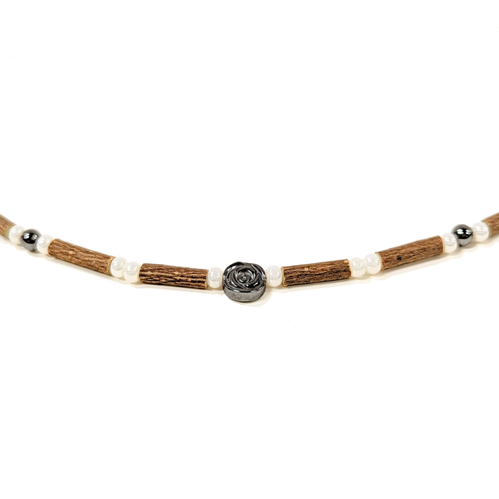 A23 | Hazel Wood, Cream & Hematite Flower Adult Necklace