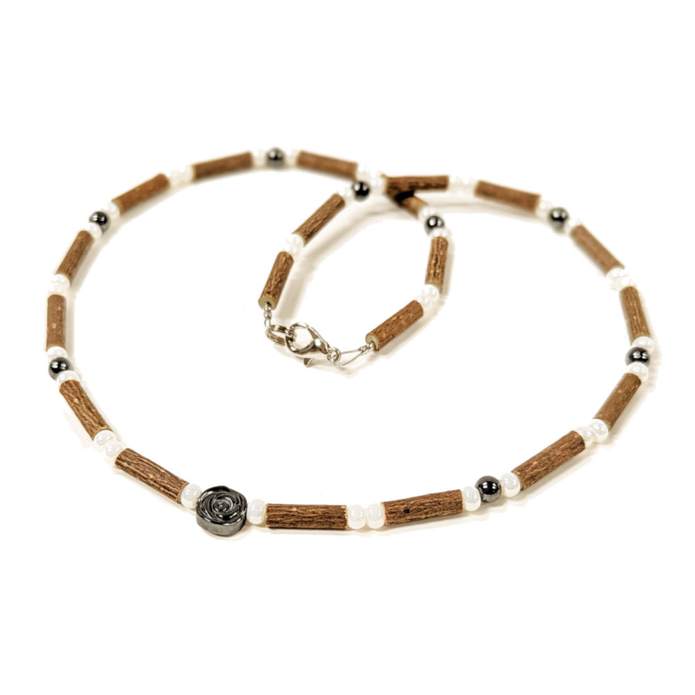 A23 | Hazel Wood, Cream & Hematite Flower Adult Necklace