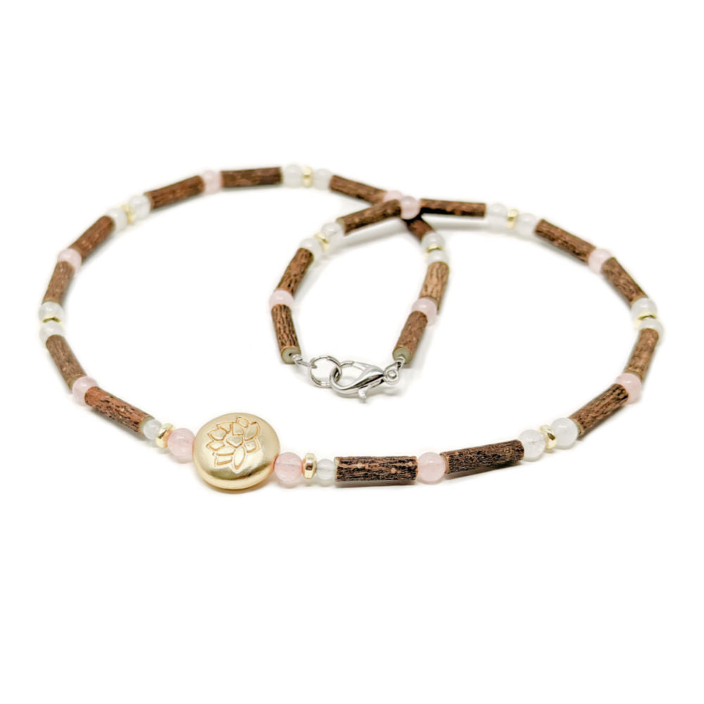A36 | Hazel Wood, White & Rose Quartz With Golden Lotus Adult Necklace