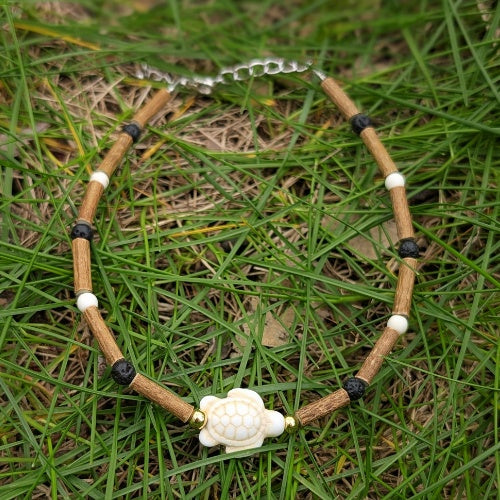 C34 | Hazel Wood & Turtle Lava Stone Ankle Bracelet
