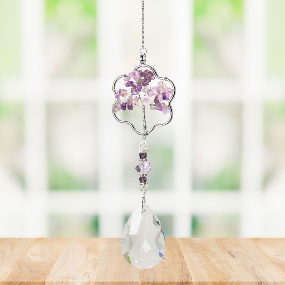 XX10 | Capteur de soleil avec quartz cristal violet et clair, arbre de vie et fleur