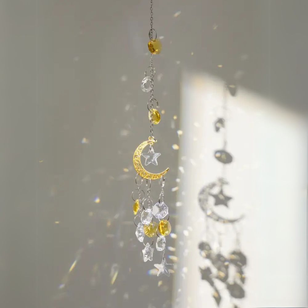 XX09 | Golden Quartz Crystal Moon & Stars Suncatcher