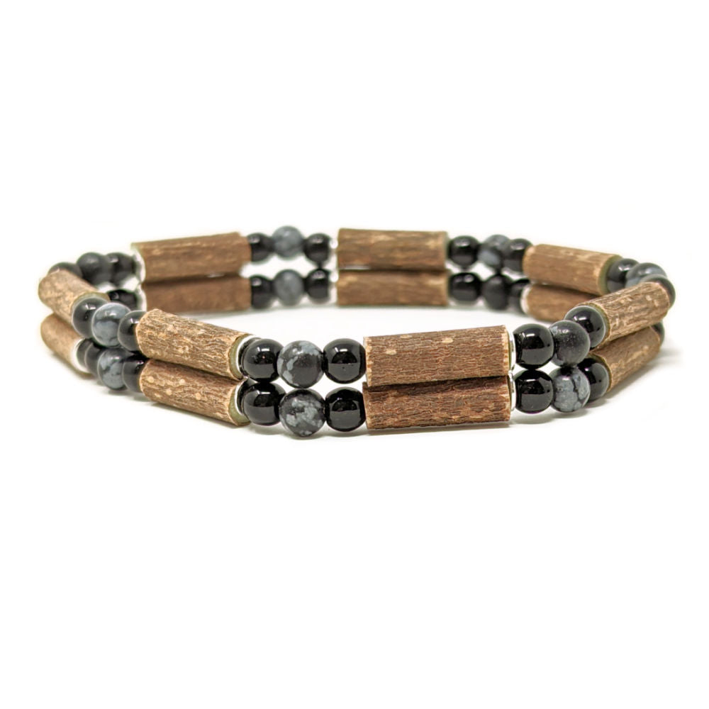 D11 | Hazel Wood & Snowflake Obsidian Double Bracelet