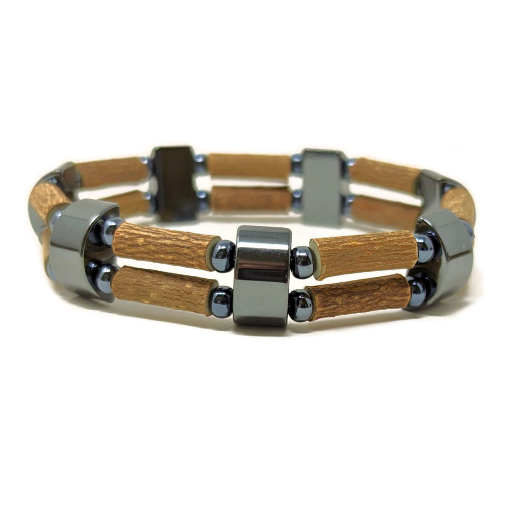 D12 | Hazel Wood & Half-Round Hematite Blocks Double Bracelet