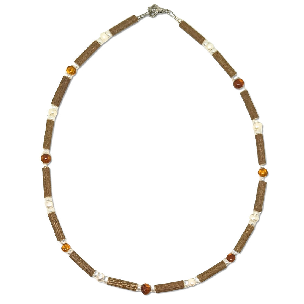 Parure Bracelet Collier Perles Bois 8 Mm + Ambre Véritable De La Mer Baltique Chaine En Acier Inoxydable