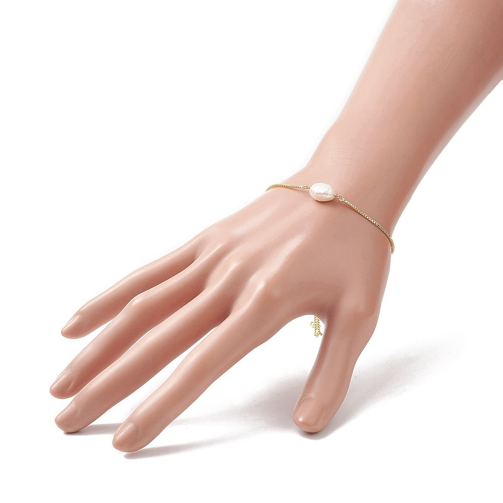 XX03 | Natural White Pearl And Golden Bead Slider Bracelet