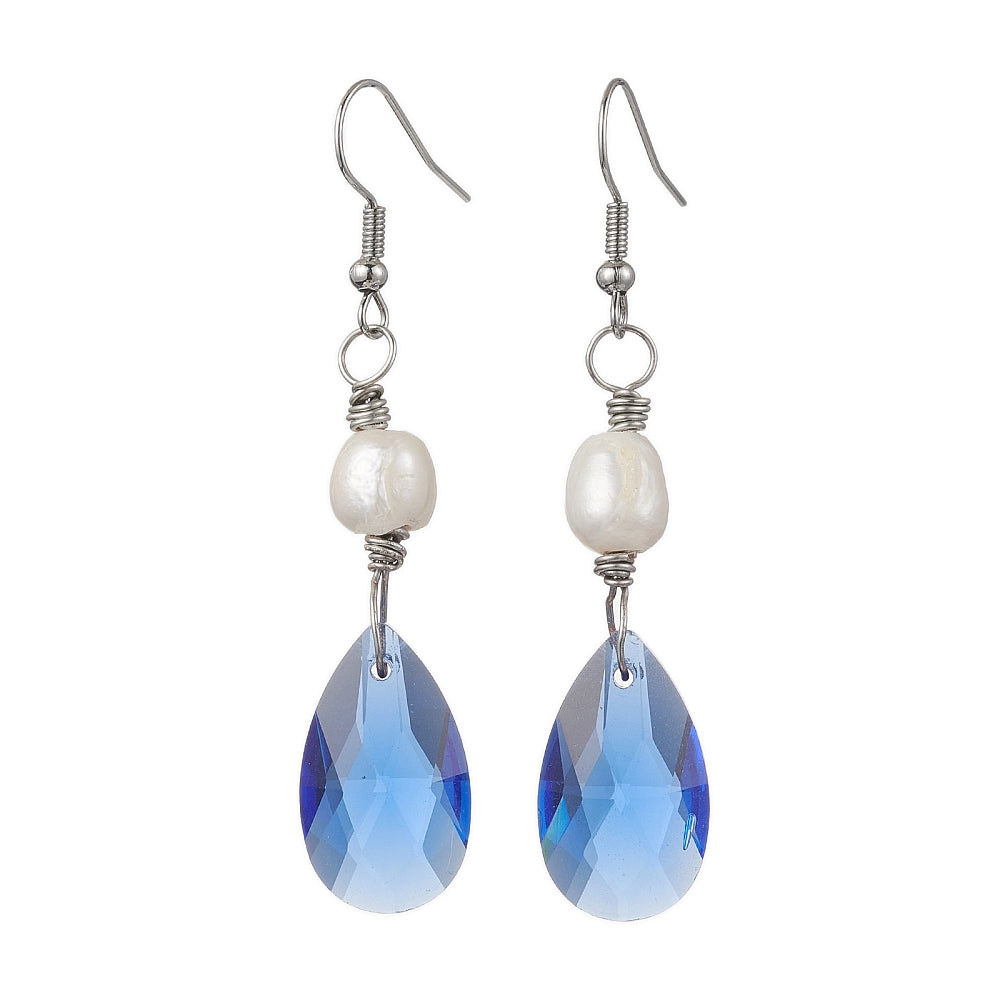 R11 | Boucles d'oreilles pendantes argentées avec gouttes en verre bleu