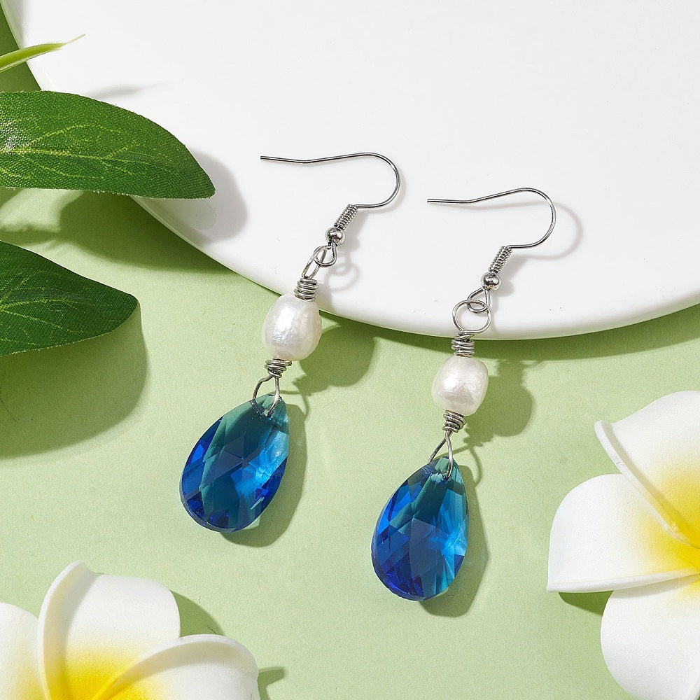 R11 | Boucles d'oreilles pendantes argentées avec gouttes en verre bleu