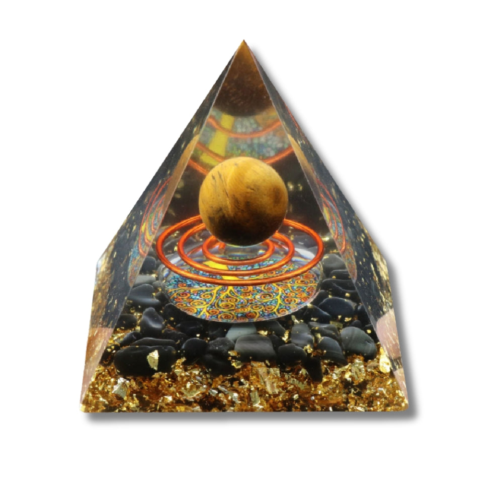 P10 | Pyramide en orgonite, obsidienne et œil de tigre