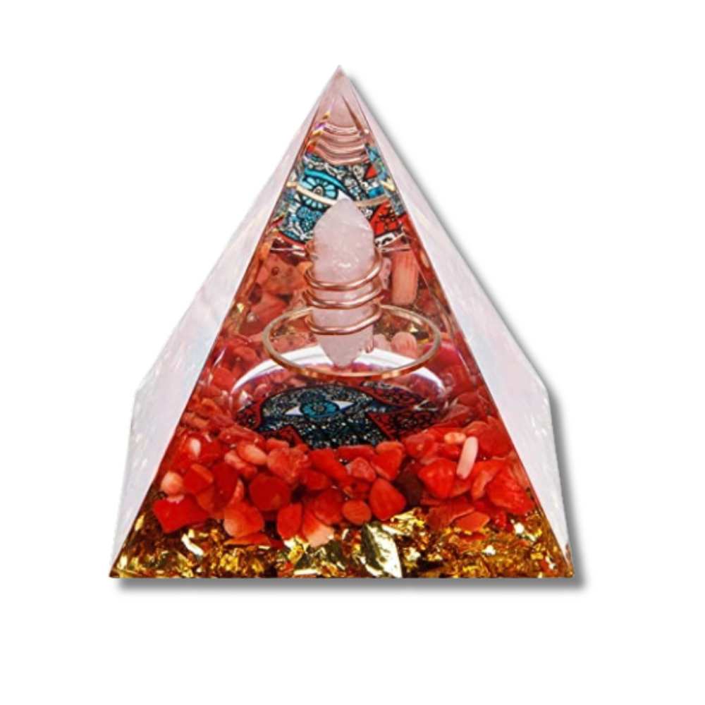 P14 | Red Coral & Quartz Orgonite Pyramid