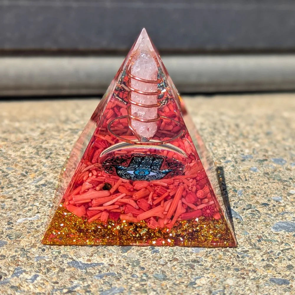 P14-1| Red Coral & Quartz Orgonite Pyramid