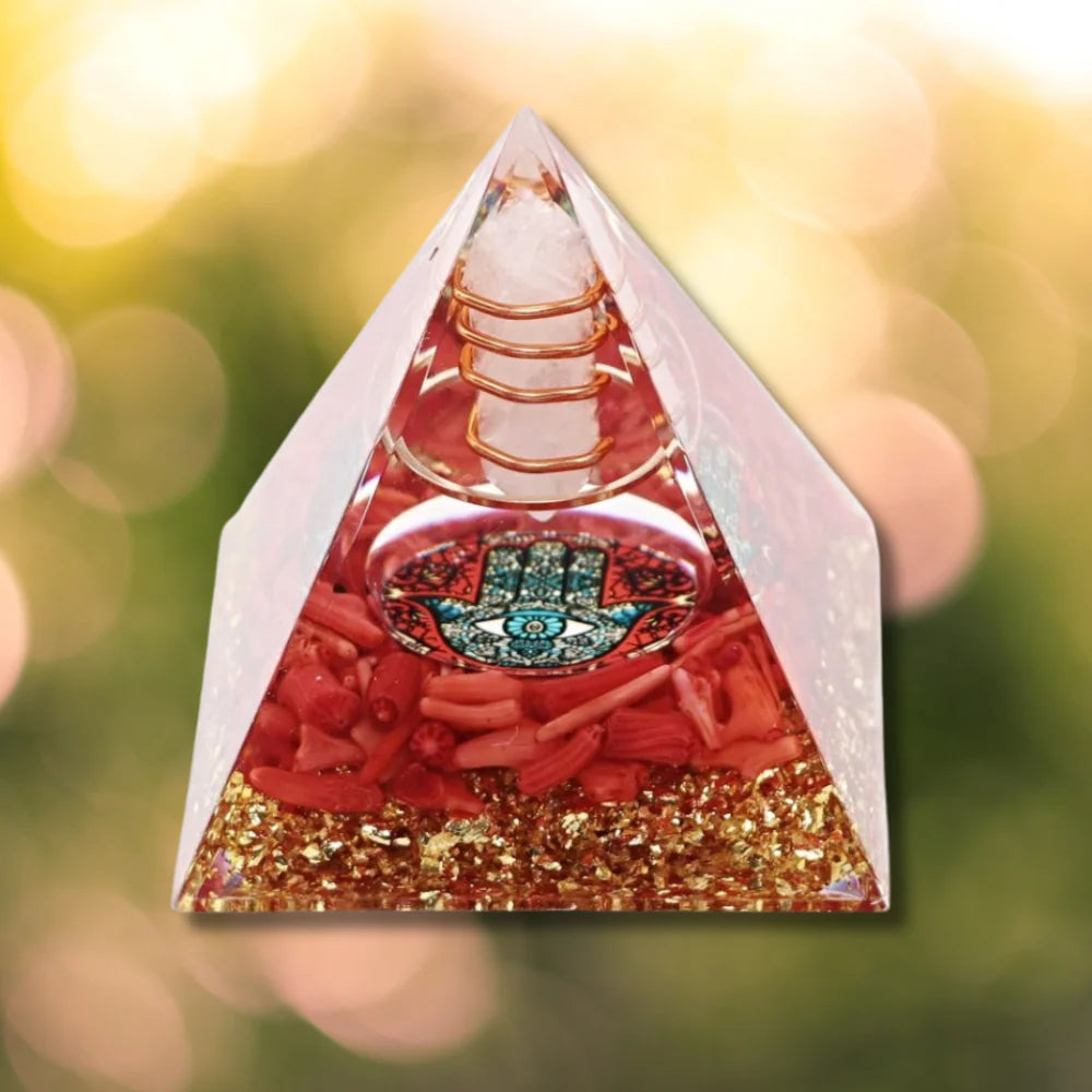 P14-1| Red Coral & Quartz Orgonite Pyramid
