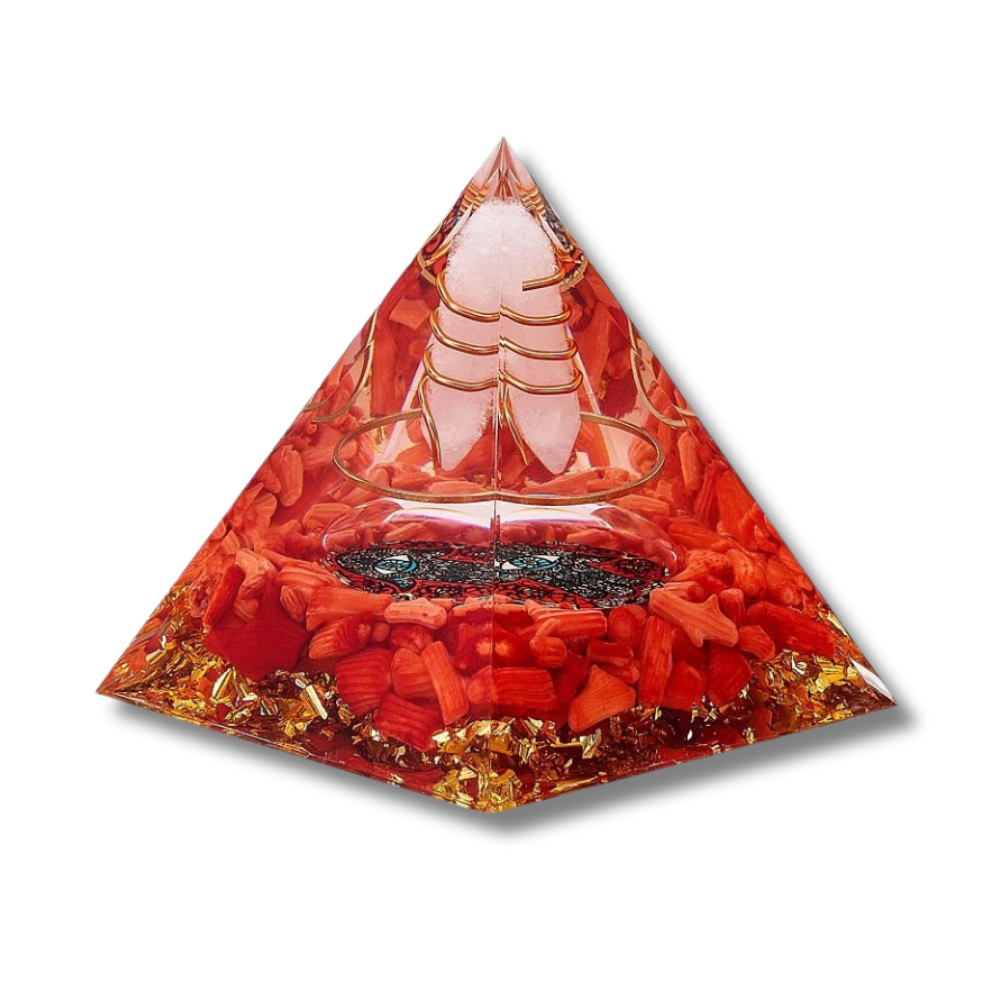 P14 | Red Coral & Quartz Orgonite Pyramid