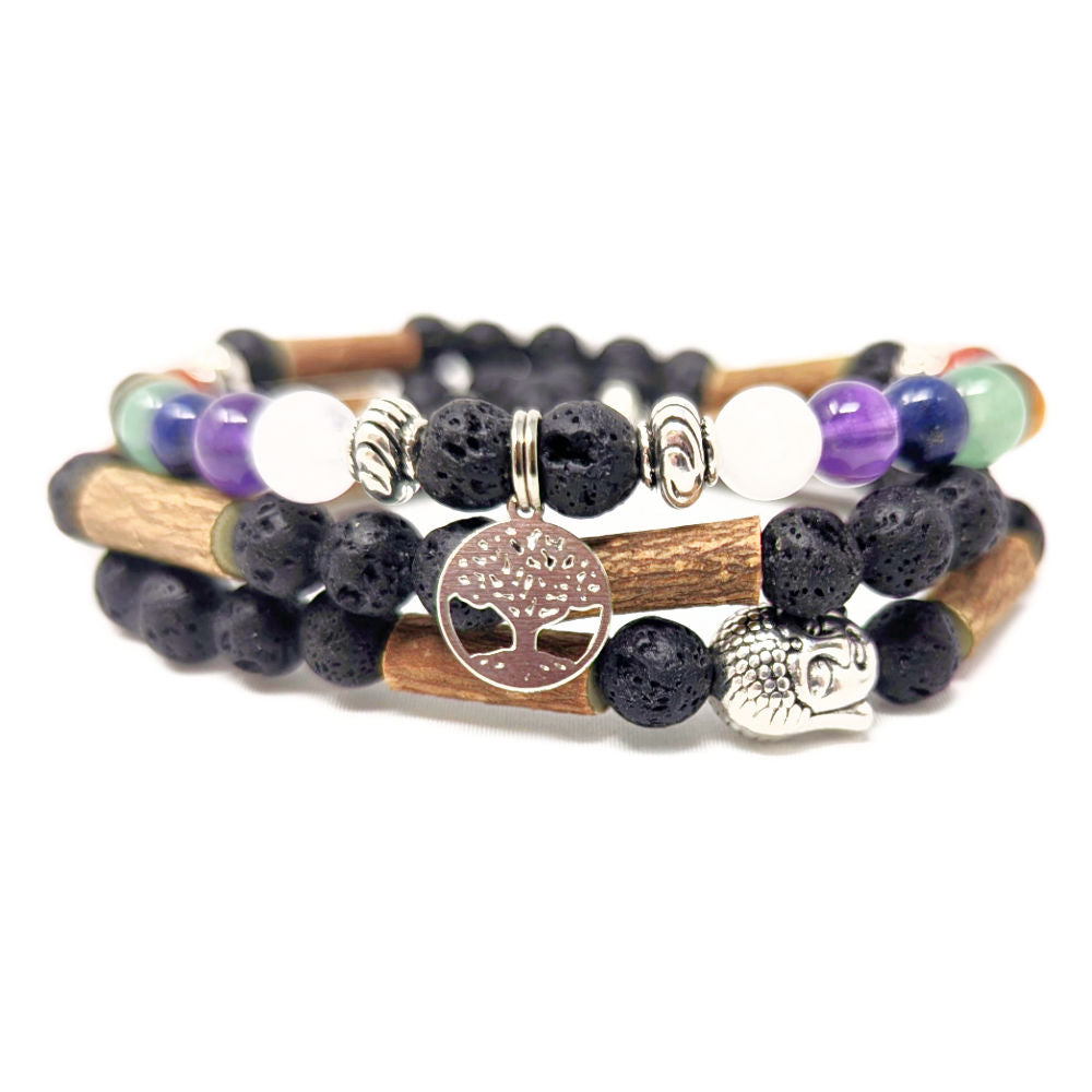 W88 | Hazel Wood & 7 Chakra Stones Diffuser 2 In 1 Wrap Mala Necklace