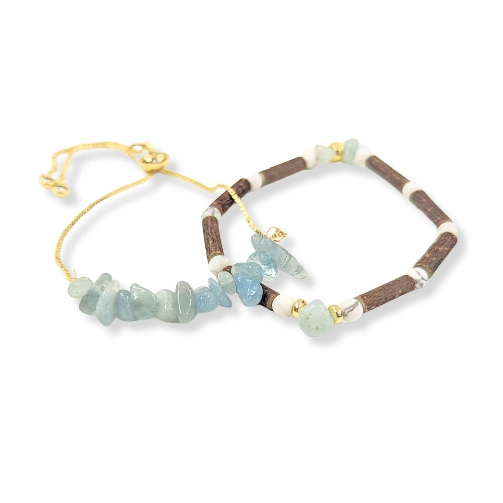 *LAST CHANCE* X14 | Aquamarine Stone Chip & Howlite Golden Bracelets