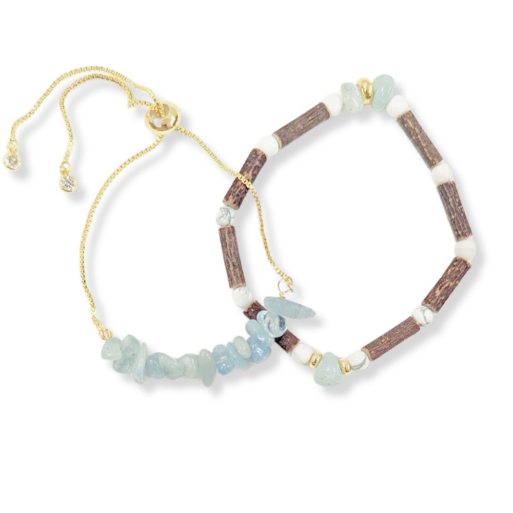 *LAST CHANCE* X14 | Aquamarine Stone Chip & Howlite Golden Bracelets