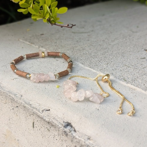 X24 | Rose Quartz Chip Golden Bracelets