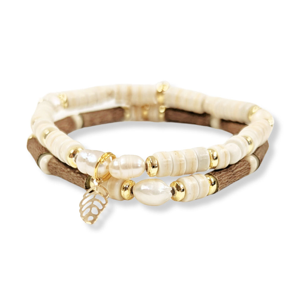 X35 | Bracelets avec perles d'eau douce et feuille dorée