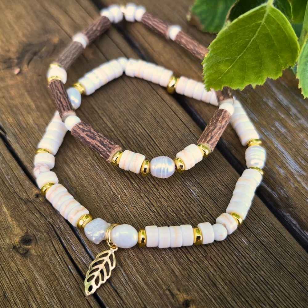 X35 | Freshwater Pearl Golden Leaf Bracelet Duo