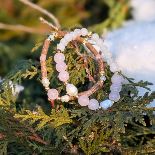 X44 | Rose & White Quartz & Freshwater Pearls Bracelets