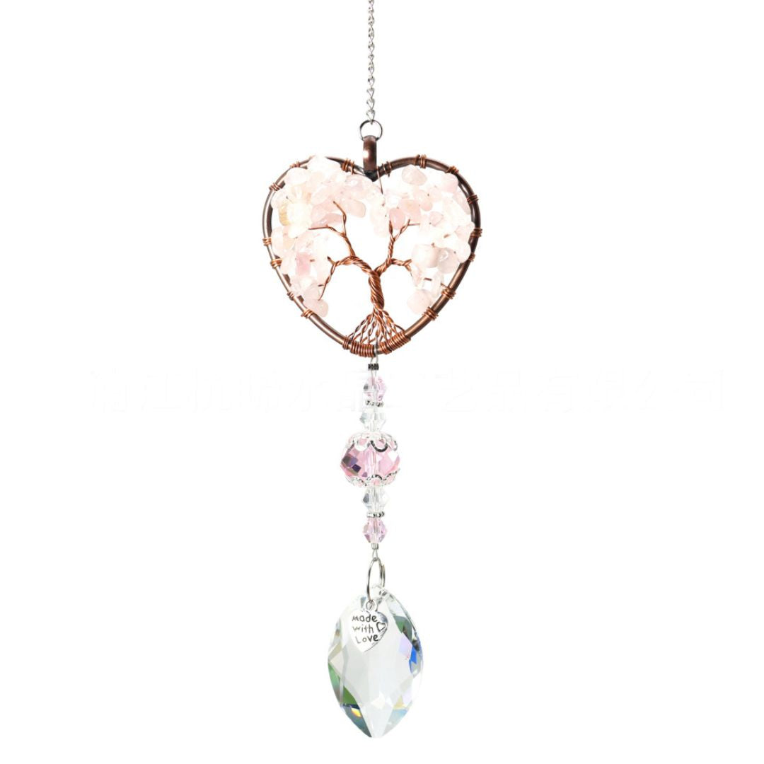 XX13 | Capteur de soleil cœur cuivre avec quartz cristal, arbre de vie quartz rose