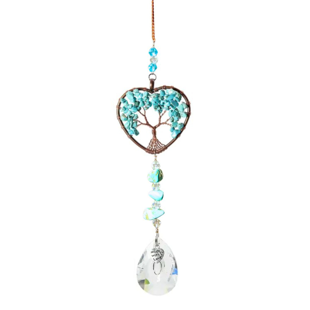 AS06 | Capteur de soleil cœur cuivre avec pendentif cristal et arbre de vie turquoise