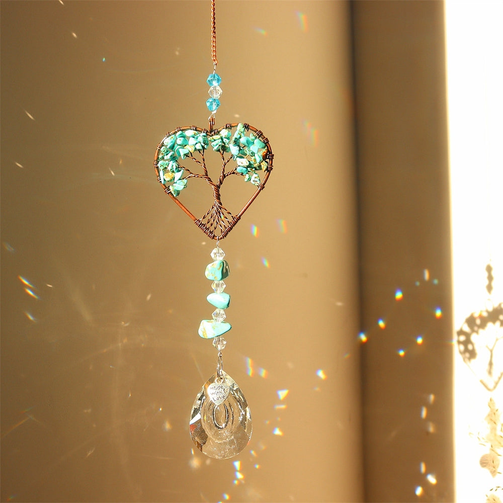 AS06 | Capteur de soleil cœur cuivre avec pendentif cristal et arbre de vie turquoise