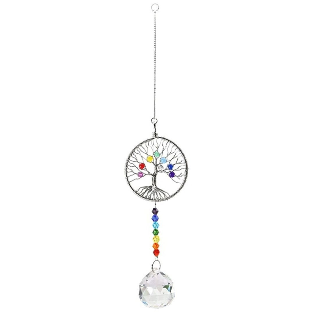 AS09 | Capteur de soleil argenté avec arbre de vie des chakras et perles en verre cristal