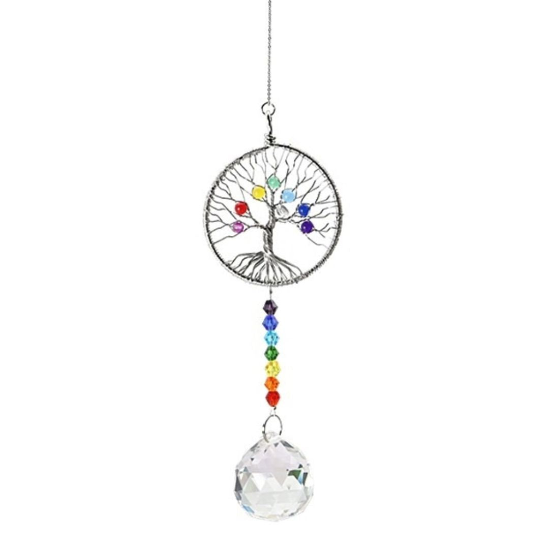 AS09 | Capteur de soleil argenté avec arbre de vie des chakras et perles en verre cristal