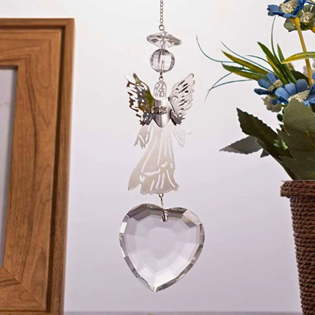 XX28 | Silver Iron Angel & Crystal Glass Heart Suncatcher