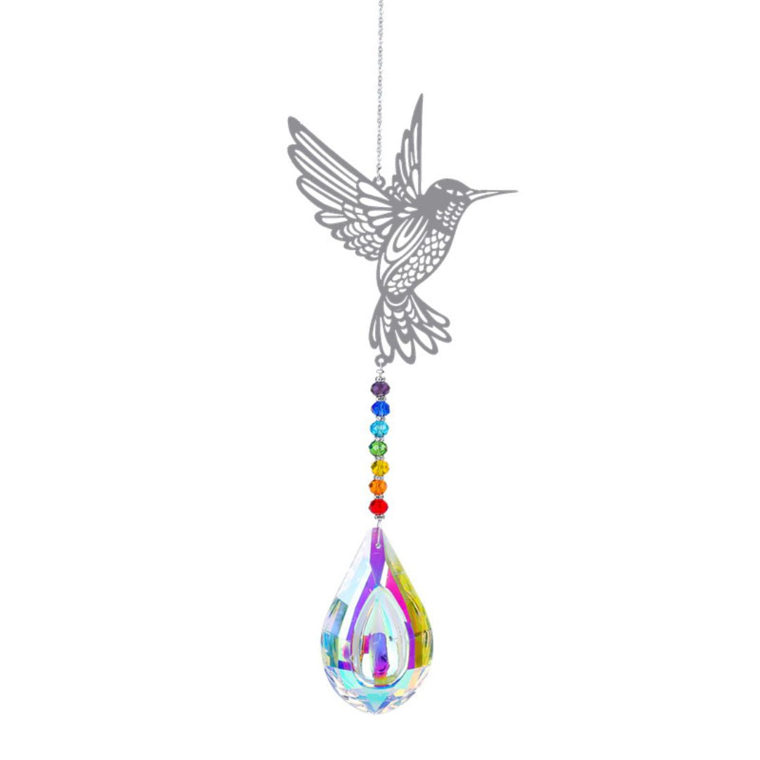 AS15 | Silver Iron & Iridescent Crystal Glass Chakras Hummingbird Suncatcher