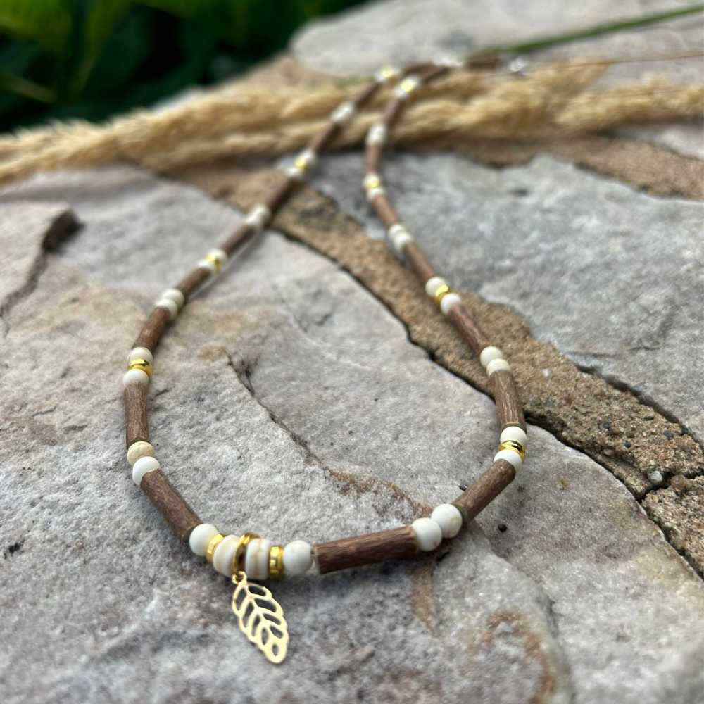 A01-F | Hazel Wood, Beige & Golden Leaf Adult Necklace
