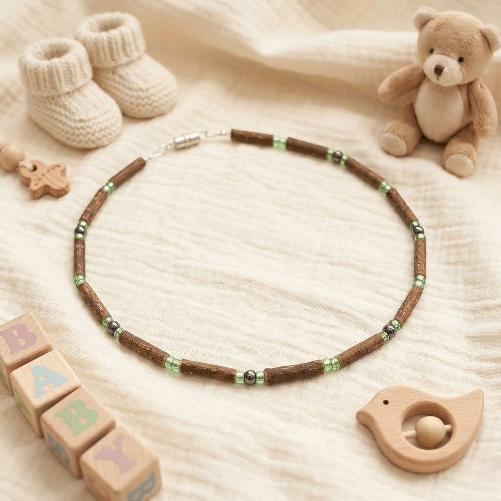 B20 | Hazel Wood, Light Green & Hematite Baby & Toddler Necklace (0-4 Years)