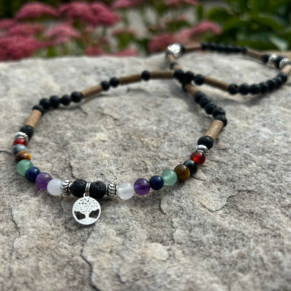 W88 | Hazel Wood & 7 Chakra Stones Diffuser 2 In 1 Wrap Mala Necklace