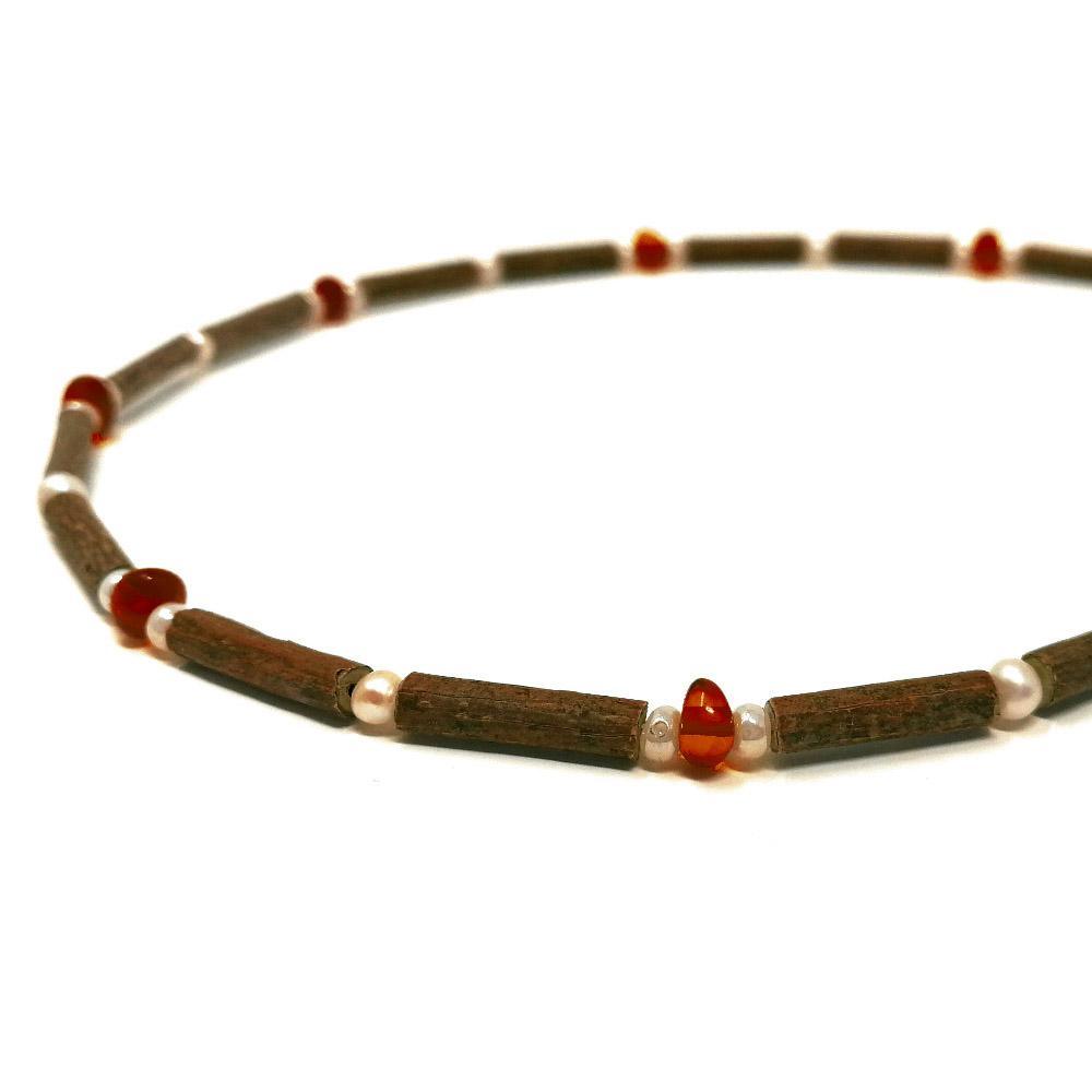 B33 | Hazel wood, Baltic amber & freshwater pearls