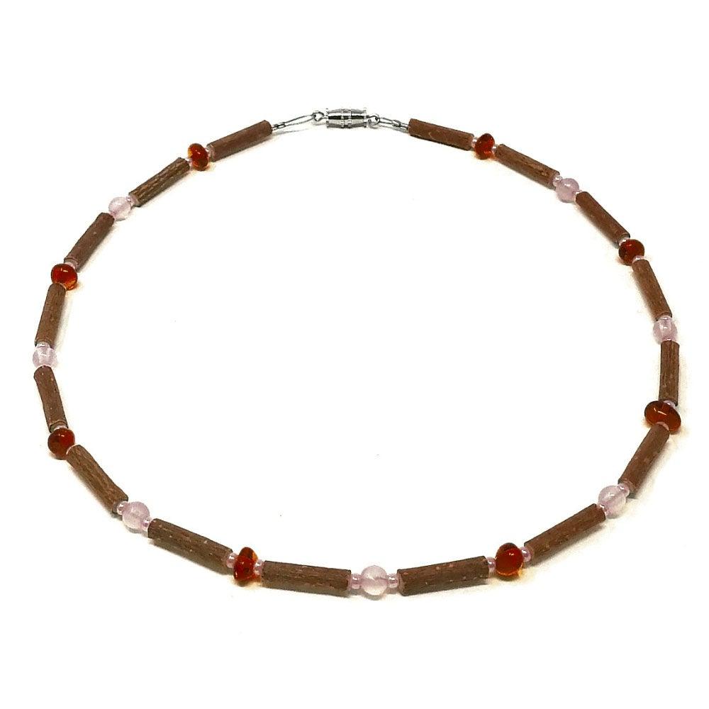 B34 | Hazel wood, Baltic amber & rose quartz